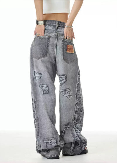 【XPXME】Dark gray printed distressed design denim pants  XP0011