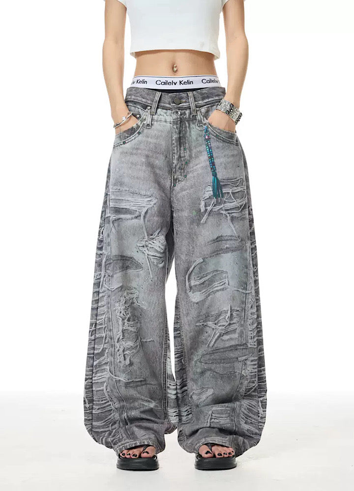 【XPXME】Dark gray printed distressed design denim pants  XP0011