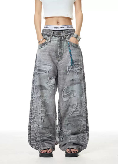 【XPXME】Dark gray printed distressed design denim pants  XP0011