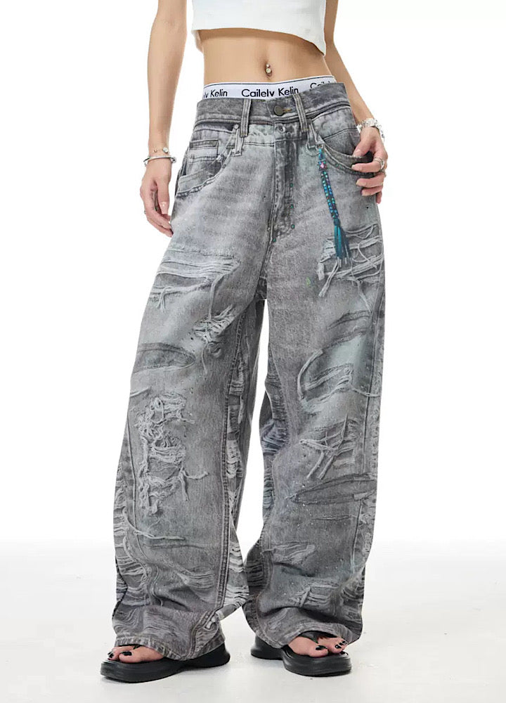 【XPXME】Dark gray printed distressed design denim pants  XP0011