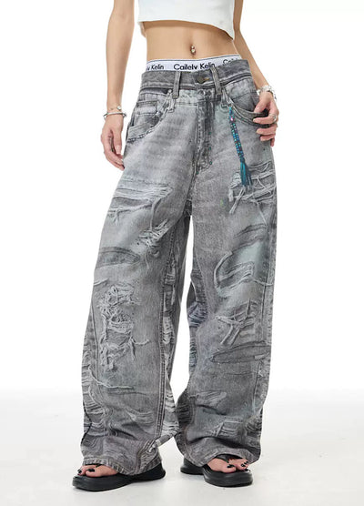 【XPXME】Dark gray printed distressed design denim pants  XP0011