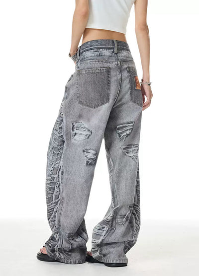 【XPXME】Dark gray printed distressed design denim pants  XP0011