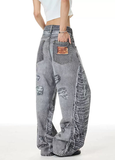 【XPXME】Dark gray printed distressed design denim pants  XP0011