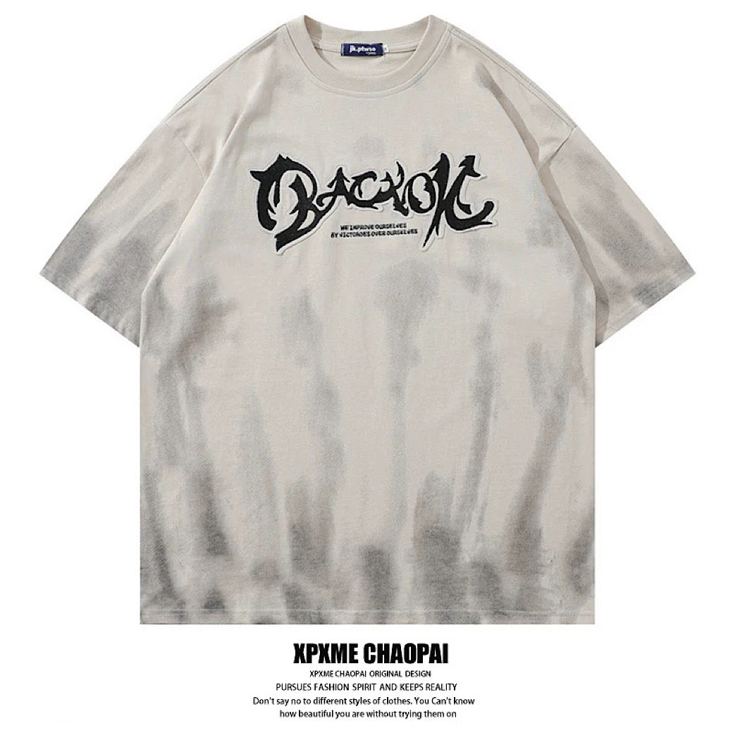 【XPXME】Overall washed front initial over short sleeve T-shirt  XP0013