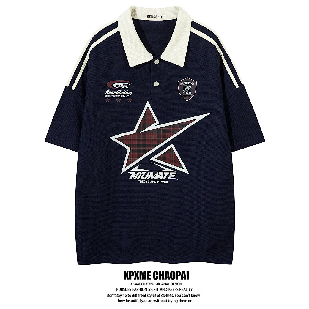【XPXME】Front vintage star design short sleeve polo shirt  XP0015