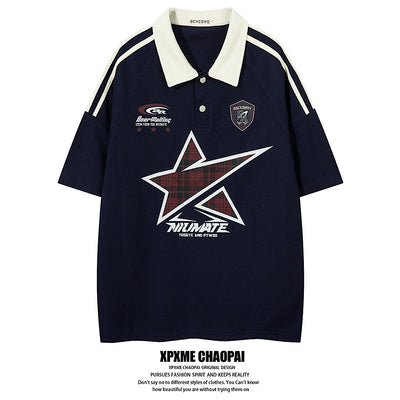 【XPXME】Front vintage star design short sleeve polo shirt  XP0015