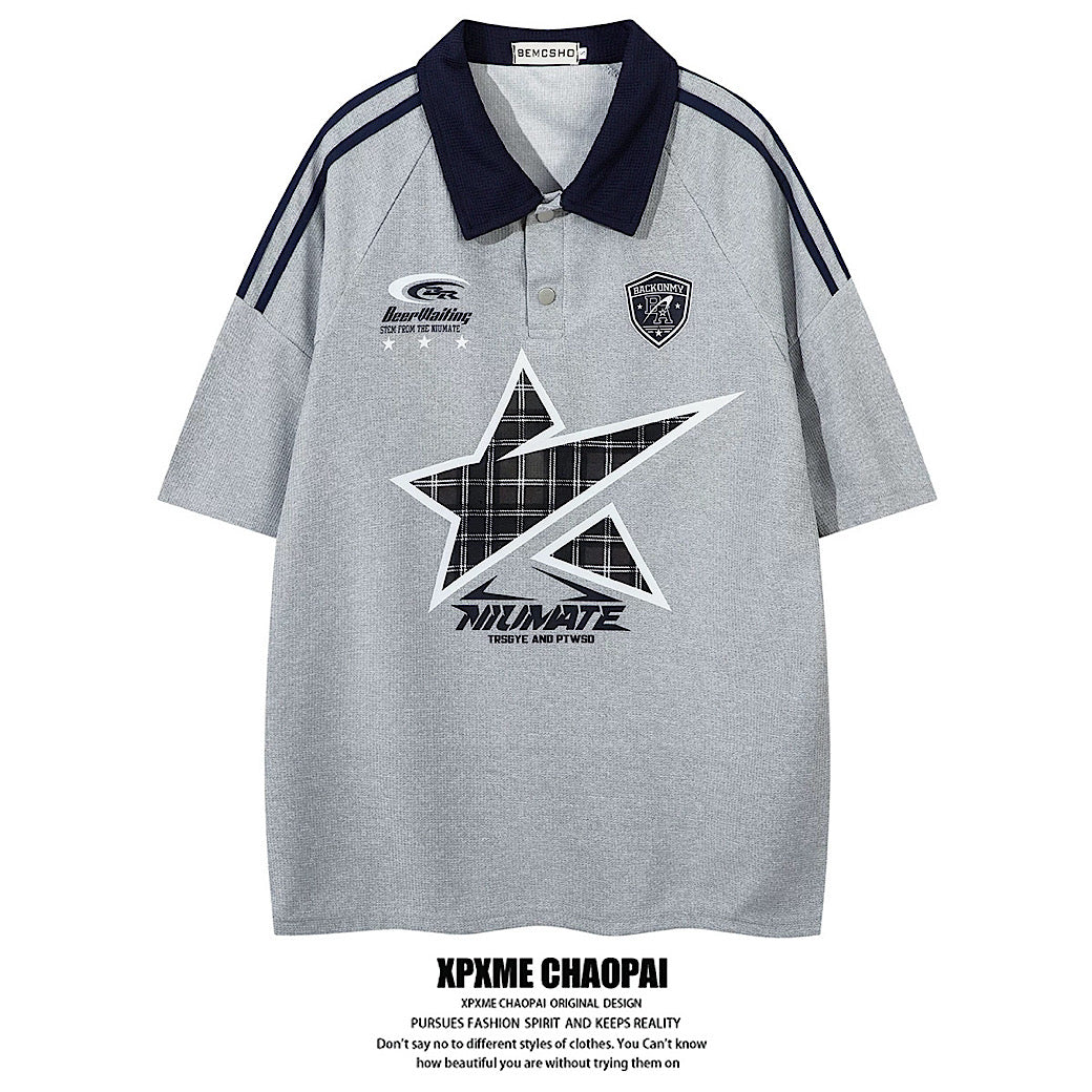 【XPXME】Front vintage star design short sleeve polo shirt  XP0015