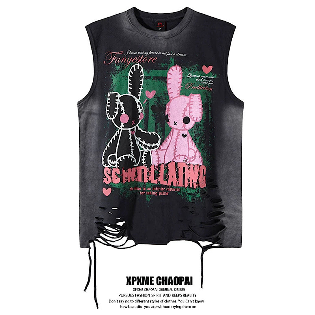 【XPXME】Subculture Rabbit Dark Design Fully Distressed Sleeveless  XP0019