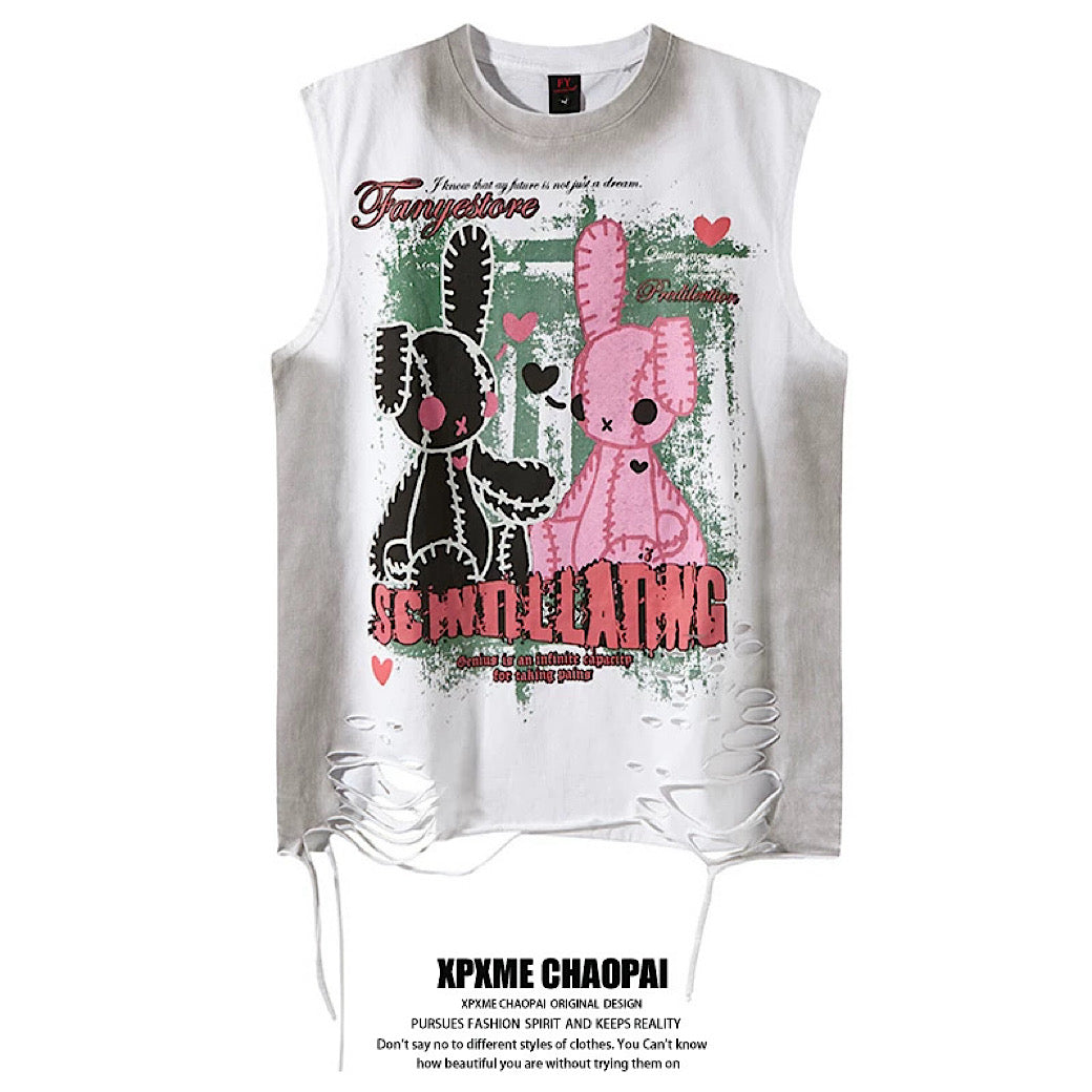 【XPXME】Subculture Rabbit Dark Design Fully Distressed Sleeveless  XP0019