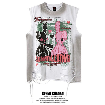 【XPXME】Subculture Rabbit Dark Design Fully Distressed Sleeveless  XP0019