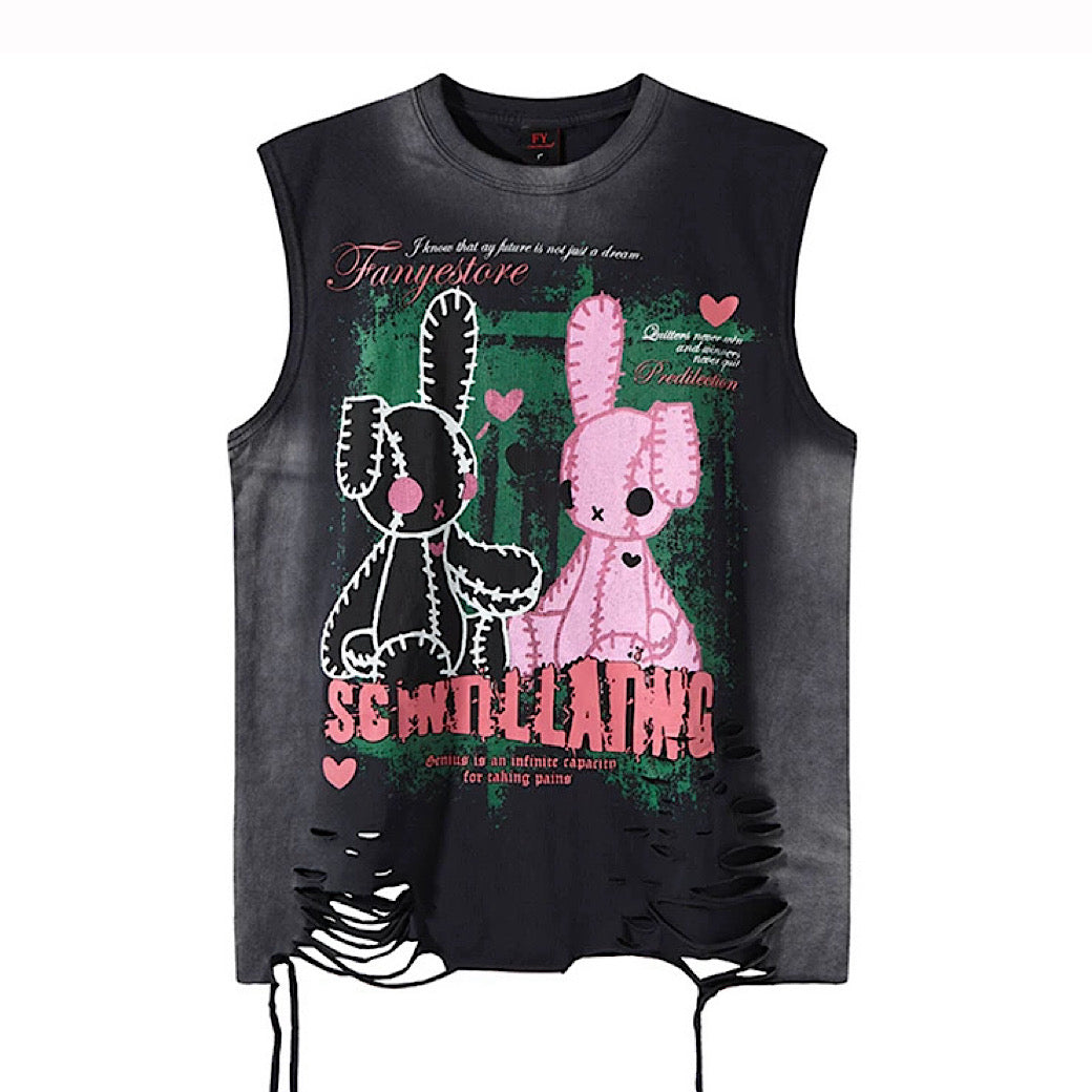 【XPXME】Subculture Rabbit Dark Design Fully Distressed Sleeveless  XP0019