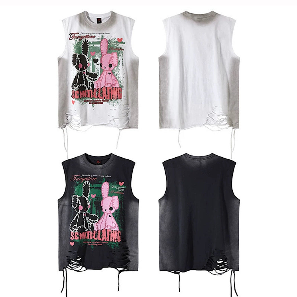 【XPXME】Subculture Rabbit Dark Design Fully Distressed Sleeveless  XP0019