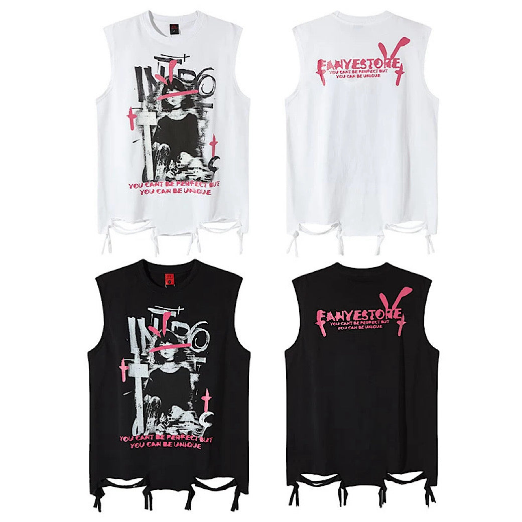 【XPXME】Blindfold rabbit design distressed pinky sleeveless  XP0020