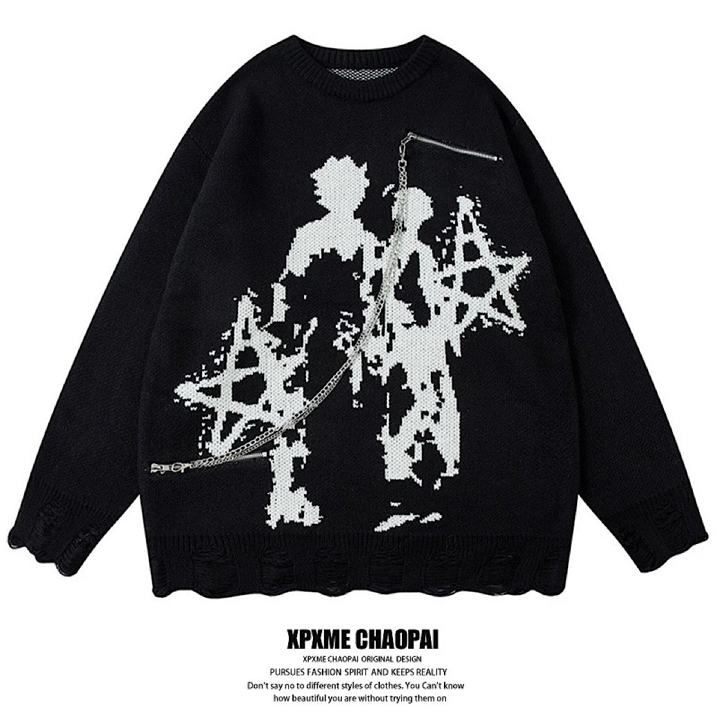 【XPXME】Gimmick Chain Design Front Illustration Over Knit  XP0021