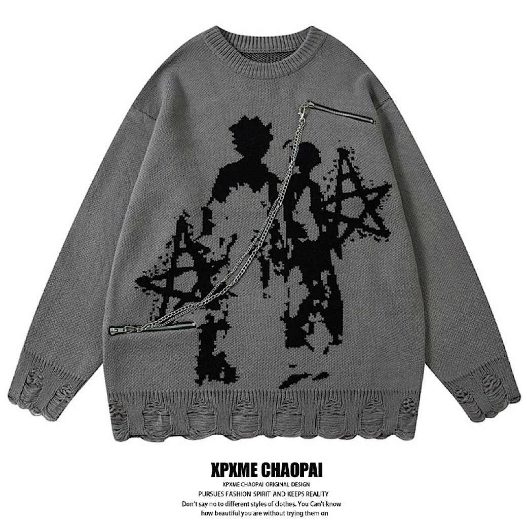 【XPXME】Gimmick Chain Design Front Illustration Over Knit  XP0021