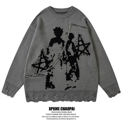 【XPXME】Gimmick Chain Design Front Illustration Over Knit  XP0021