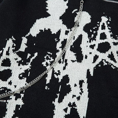 【XPXME】Gimmick Chain Design Front Illustration Over Knit  XP0021