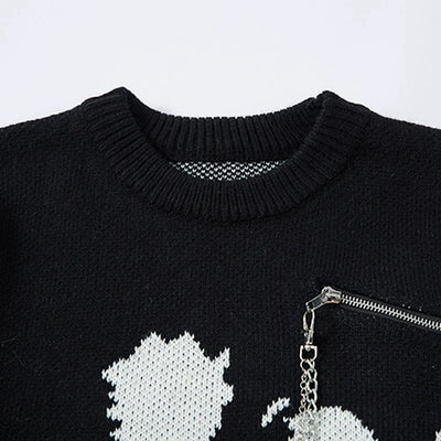 【XPXME】Gimmick Chain Design Front Illustration Over Knit  XP0021