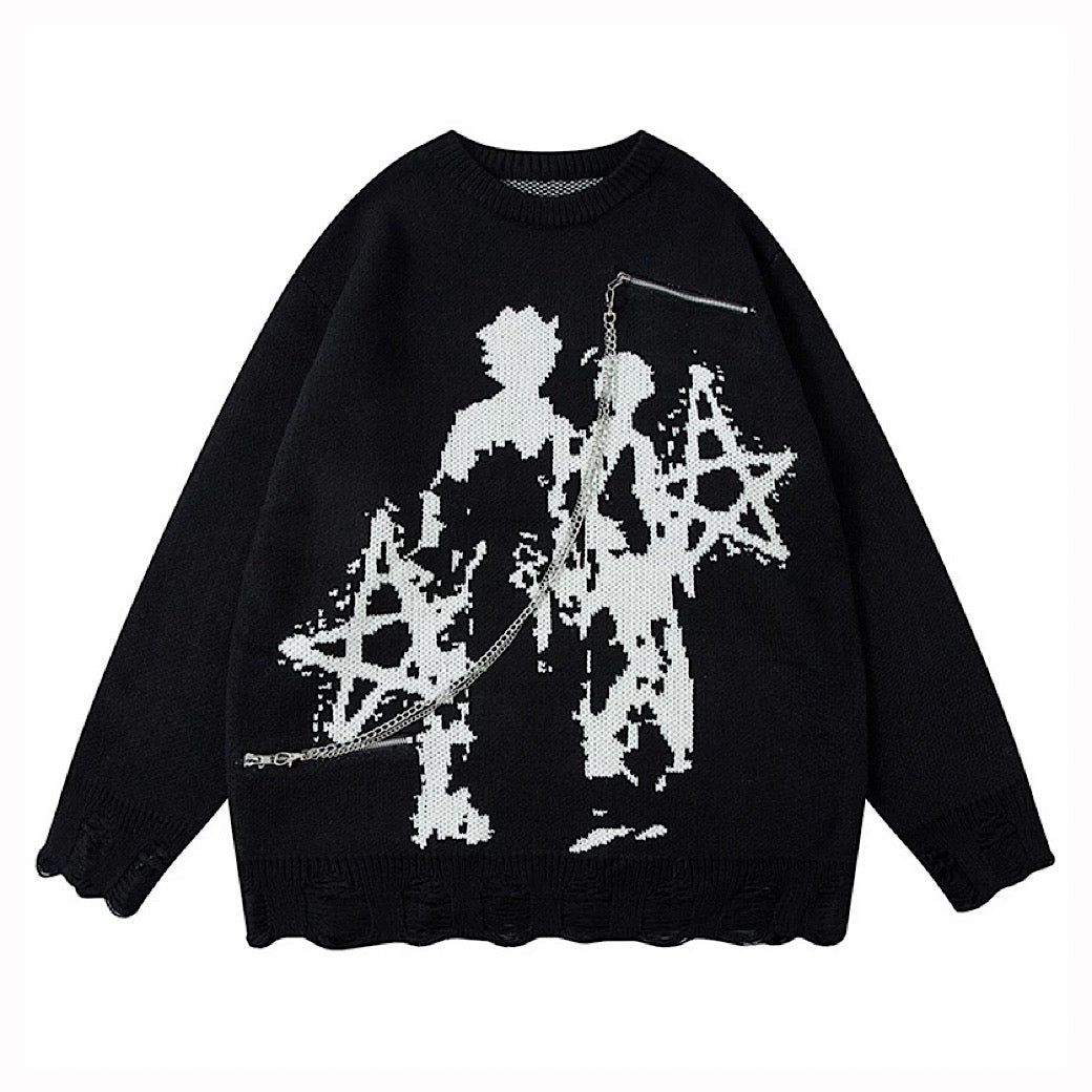 【XPXME】Gimmick Chain Design Front Illustration Over Knit  XP0021