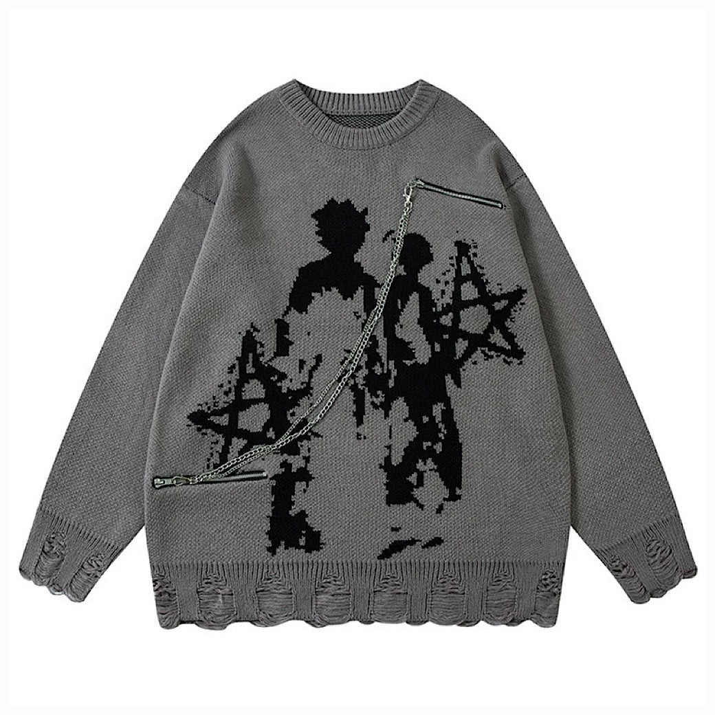 【XPXME】Gimmick Chain Design Front Illustration Over Knit  XP0021