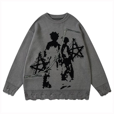 【XPXME】Gimmick Chain Design Front Illustration Over Knit  XP0021