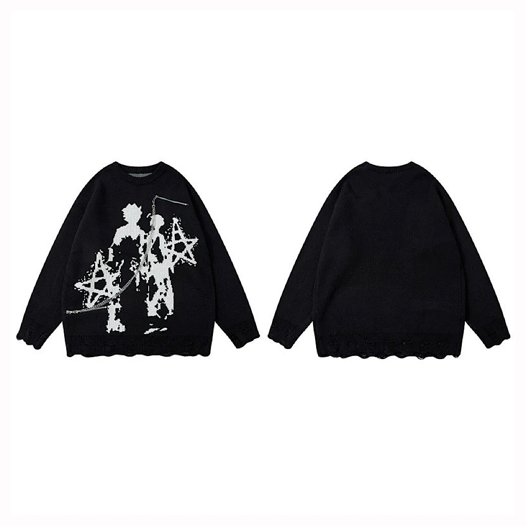 【XPXME】Gimmick Chain Design Front Illustration Over Knit  XP0021