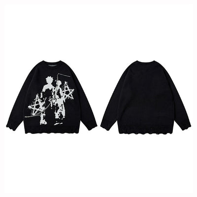 【XPXME】Gimmick Chain Design Front Illustration Over Knit  XP0021