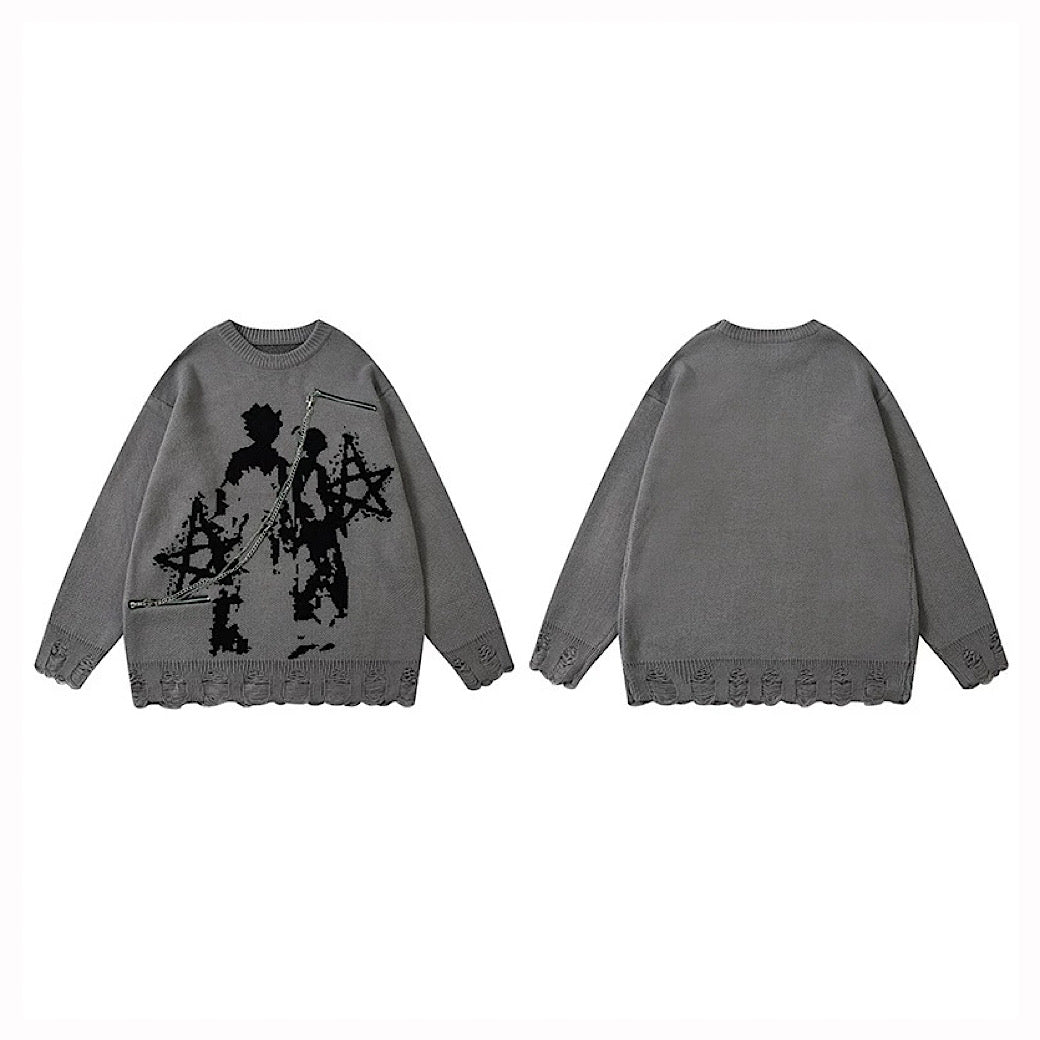 【XPXME】Gimmick Chain Design Front Illustration Over Knit  XP0021