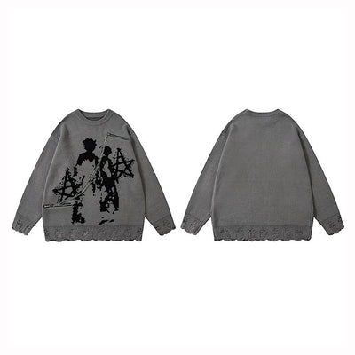 【XPXME】Gimmick Chain Design Front Illustration Over Knit  XP0021