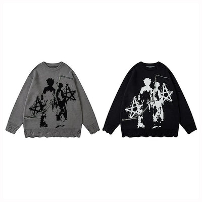 【XPXME】Gimmick Chain Design Front Illustration Over Knit  XP0021