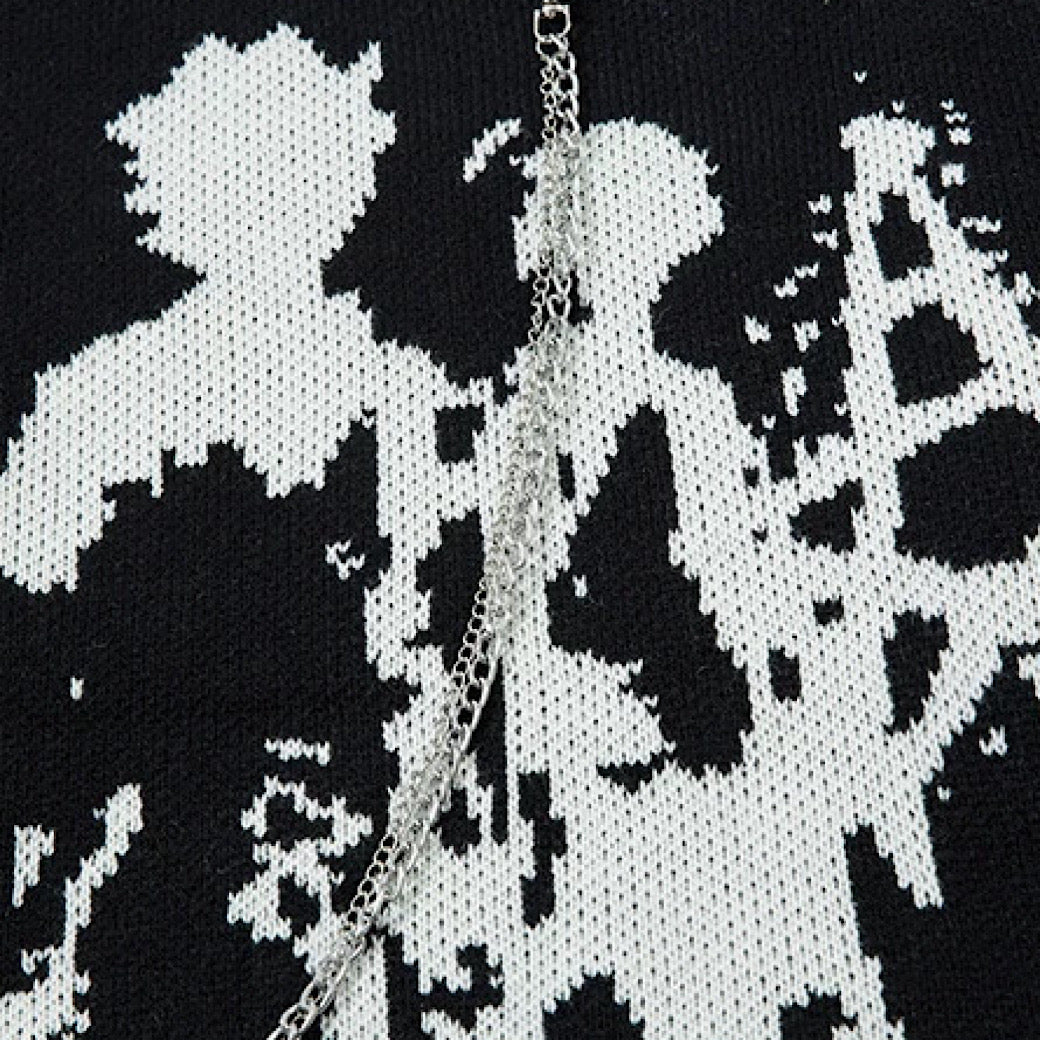 【XPXME】Gimmick Chain Design Front Illustration Over Knit  XP0021