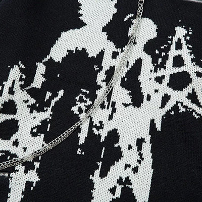 【XPXME】Gimmick Chain Design Front Illustration Over Knit  XP0021