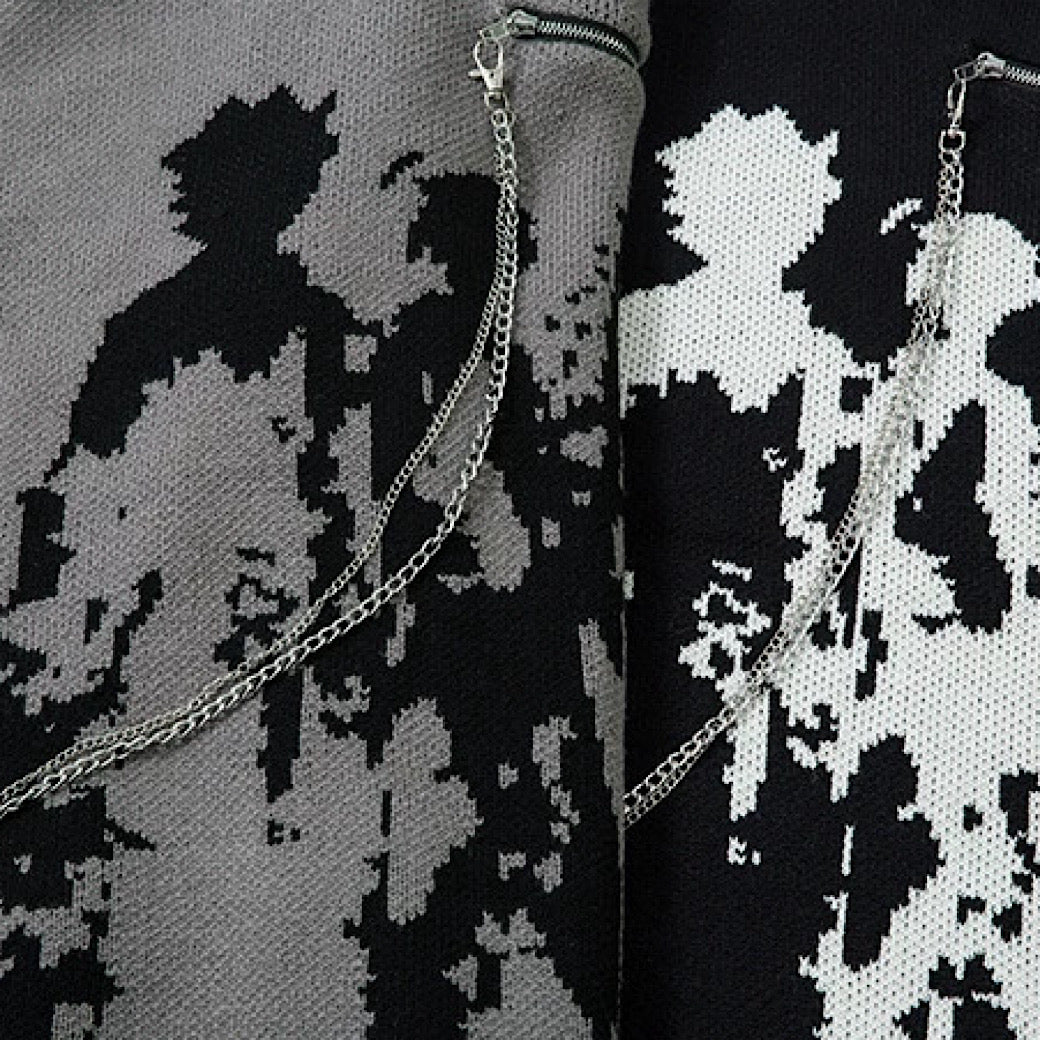 【XPXME】Gimmick Chain Design Front Illustration Over Knit  XP0021