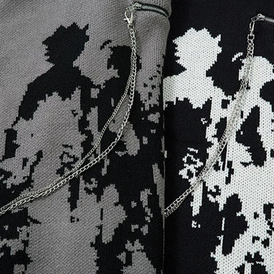 【XPXME】Gimmick Chain Design Front Illustration Over Knit  XP0021