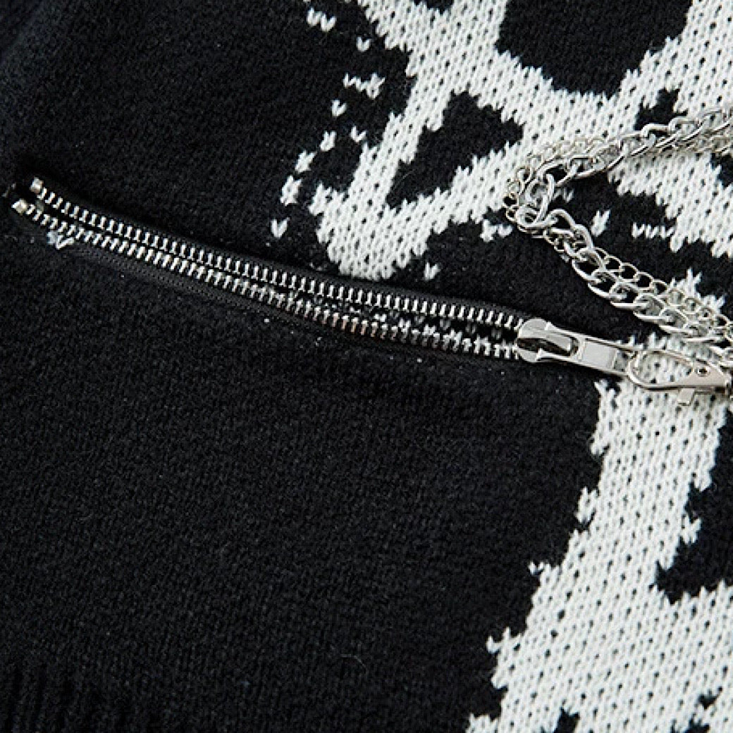 【XPXME】Gimmick Chain Design Front Illustration Over Knit  XP0021