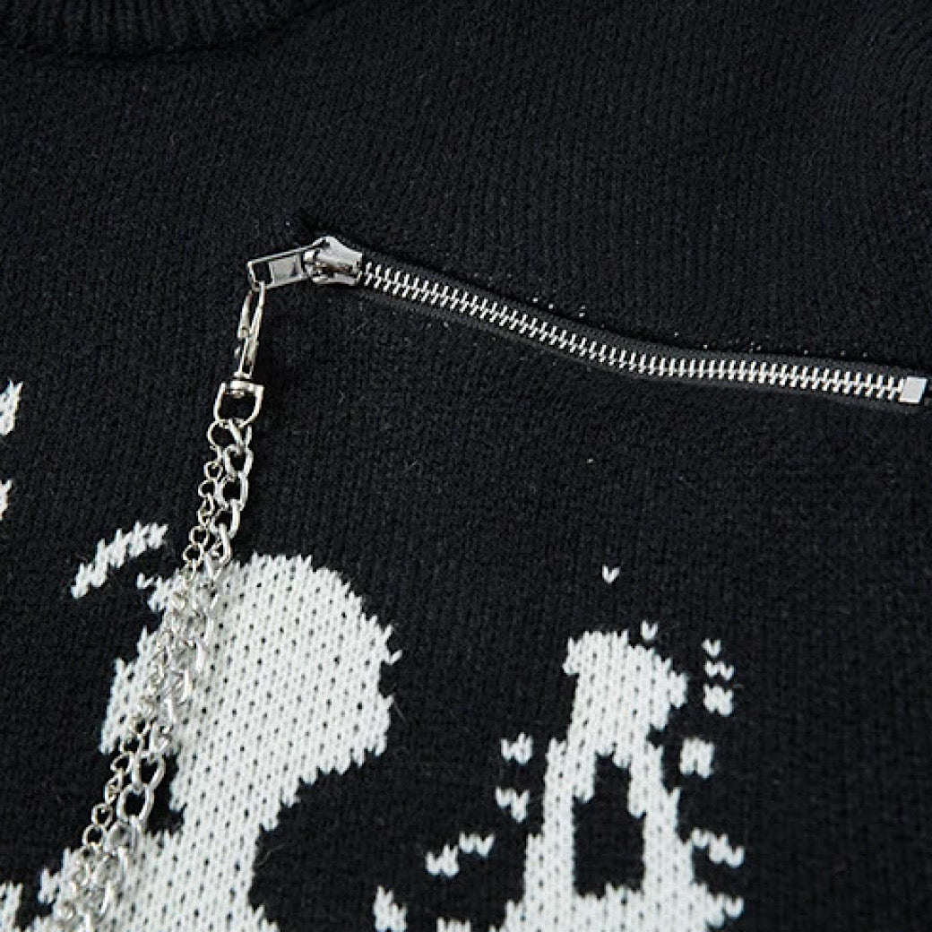 【XPXME】Gimmick Chain Design Front Illustration Over Knit  XP0021
