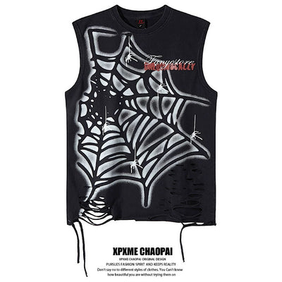 【XPXME】Light-up spider web design distressed sleeveless  XP0023