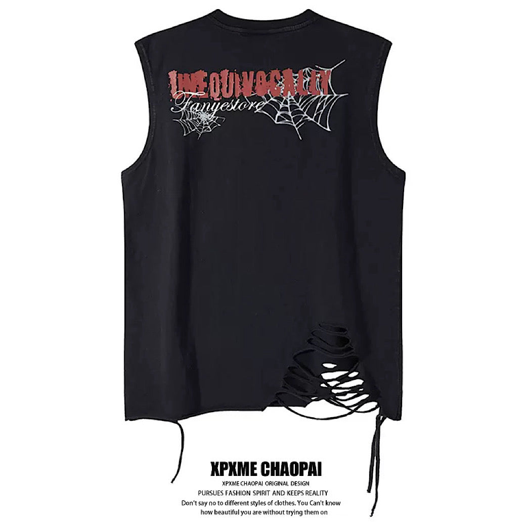 【XPXME】Light-up spider web design distressed sleeveless  XP0023
