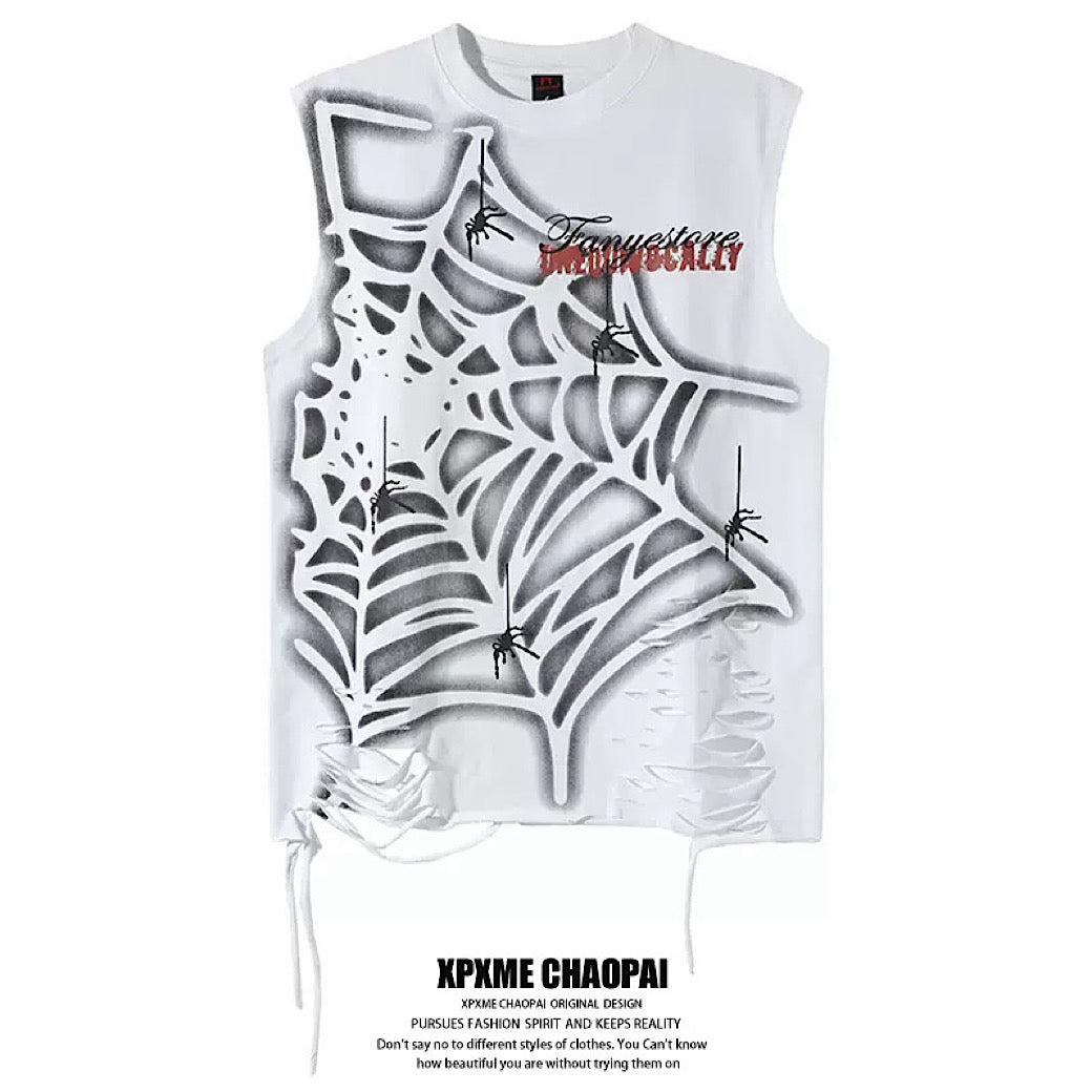 【XPXME】Light-up spider web design distressed sleeveless  XP0023