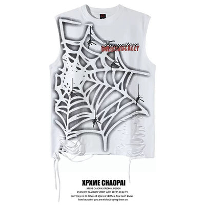 【XPXME】Light-up spider web design distressed sleeveless  XP0023