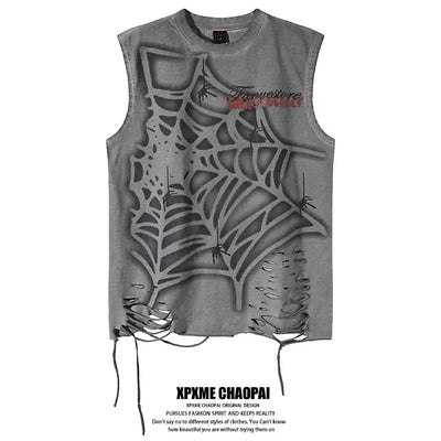 【XPXME】Light-up spider web design distressed sleeveless  XP0023