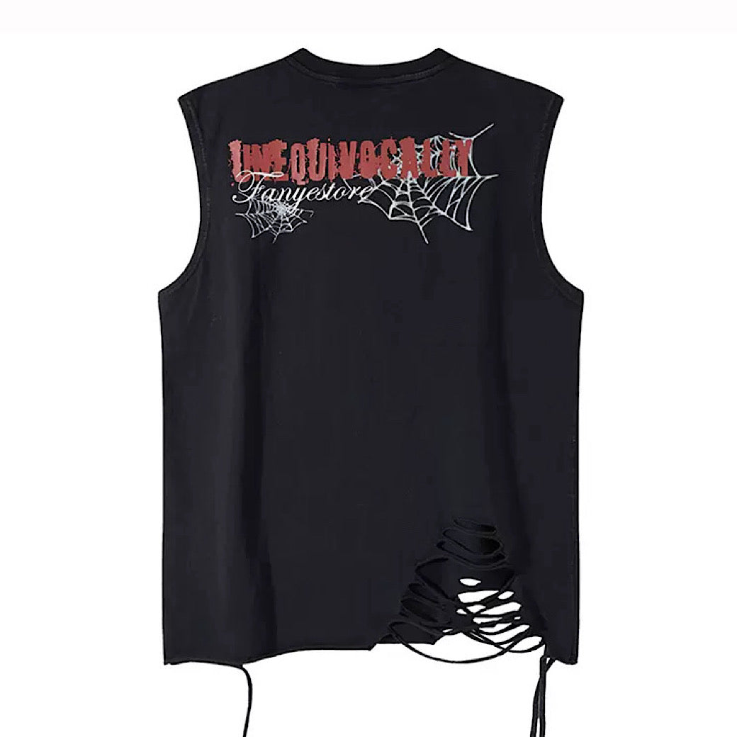 【XPXME】Light-up spider web design distressed sleeveless  XP0023