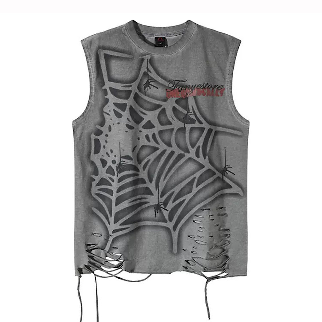 【XPXME】Light-up spider web design distressed sleeveless  XP0023