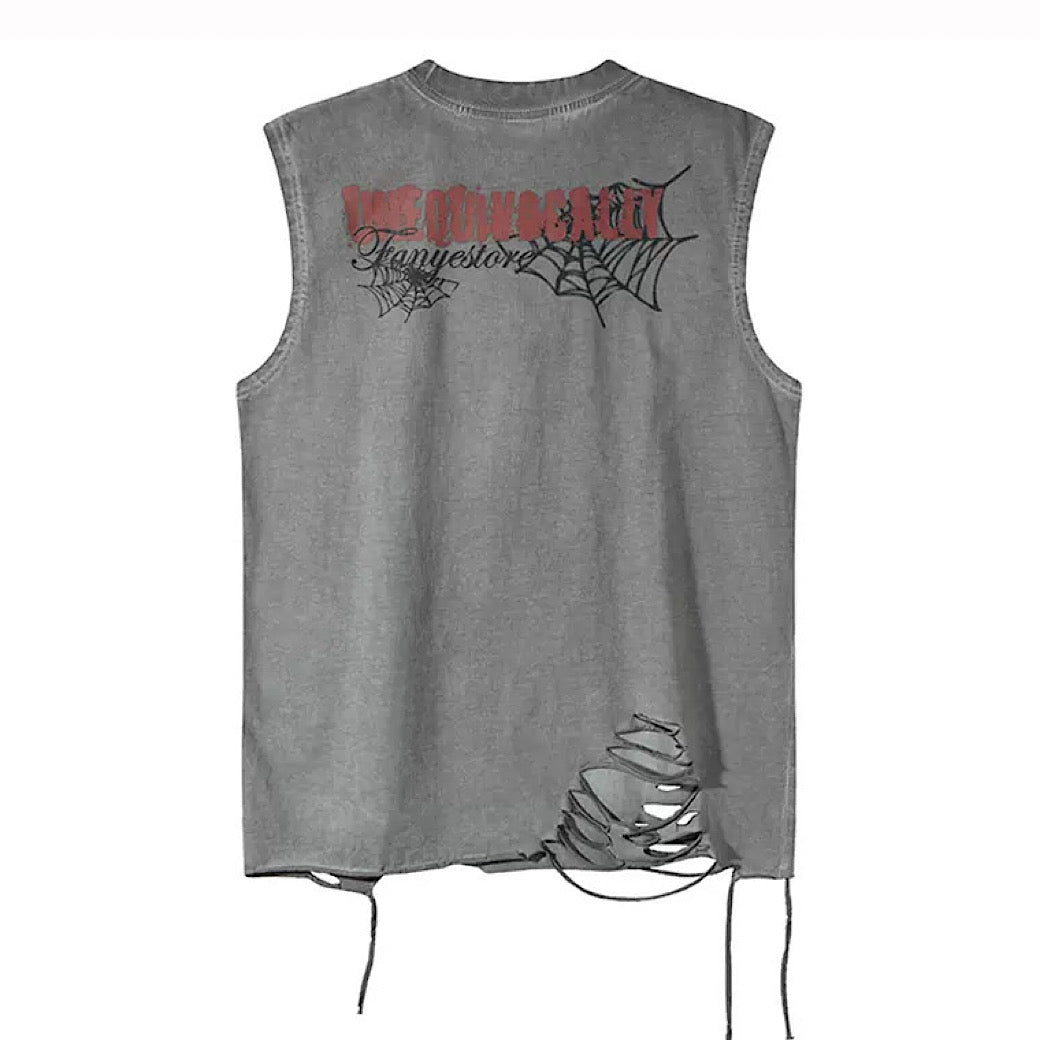 【XPXME】Light-up spider web design distressed sleeveless  XP0023