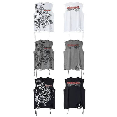 【XPXME】Light-up spider web design distressed sleeveless  XP0023