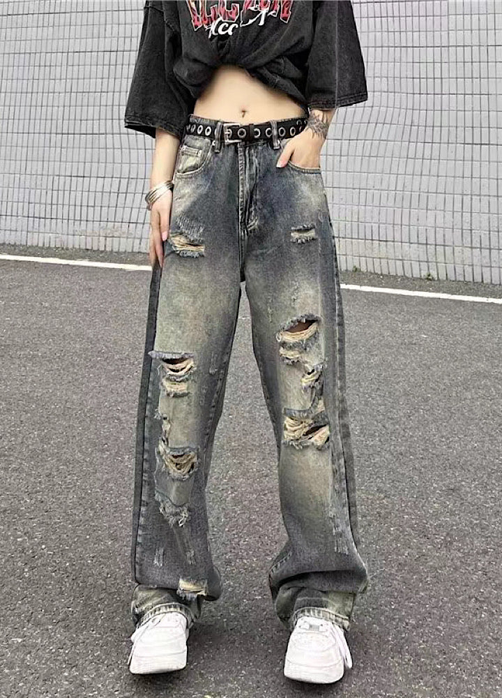 【4/26再販】Vintage grunge strike mid-length distressed wide denim pants  HL3144