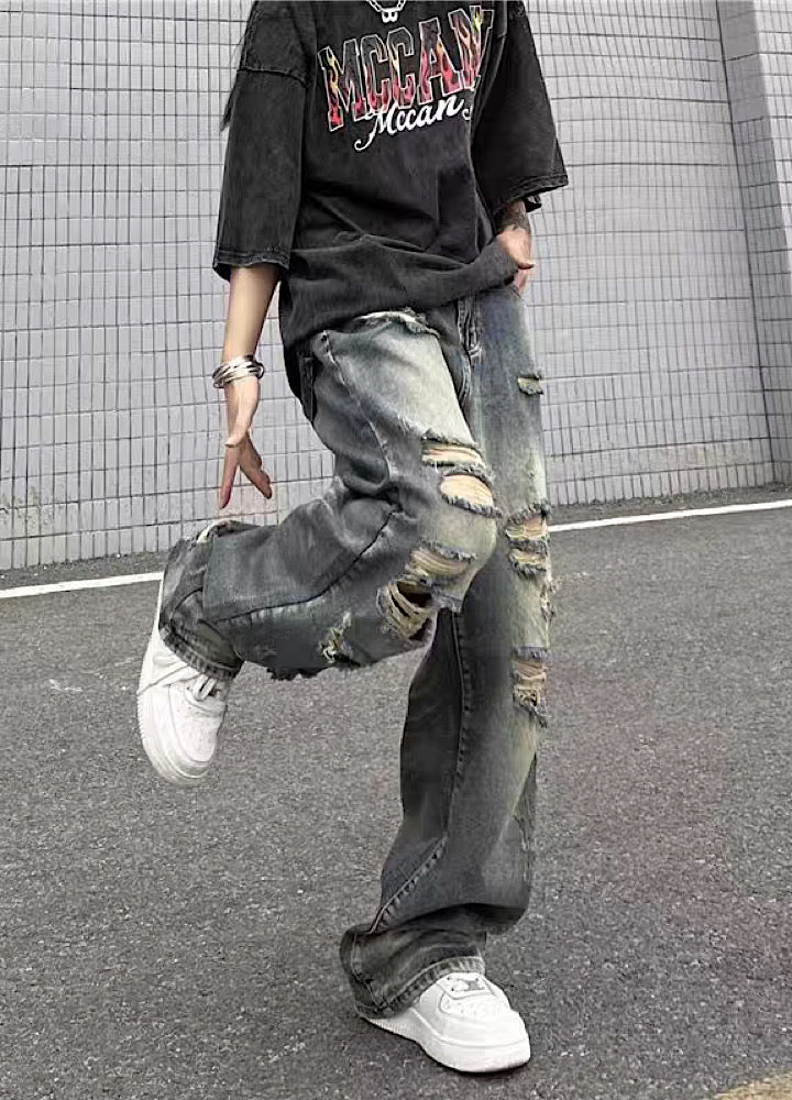 【4/26再販】Vintage grunge strike mid-length distressed wide denim pants  HL3144
