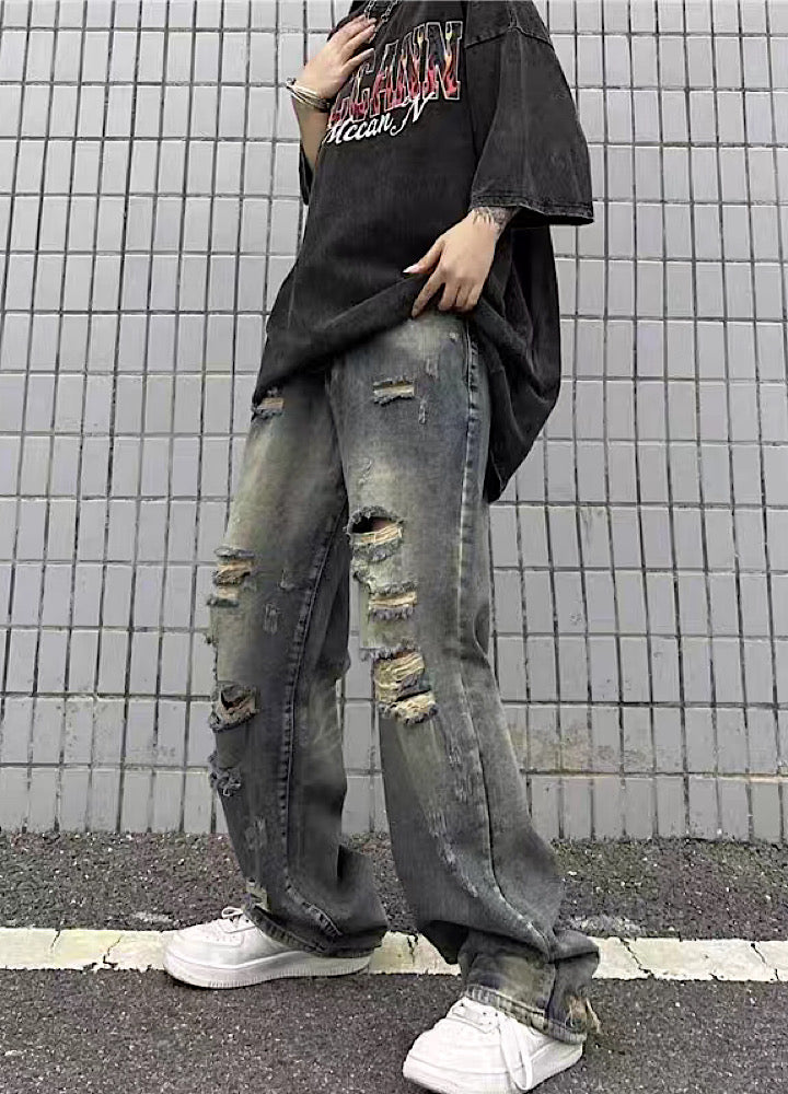 【4/26再販】Vintage grunge strike mid-length distressed wide denim pants  HL3144