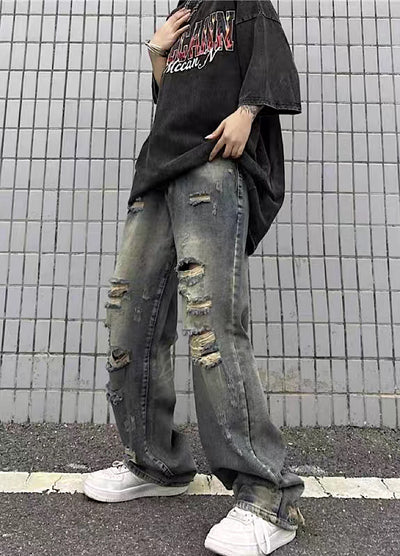 【4/26再販】Vintage grunge strike mid-length distressed wide denim pants  HL3144