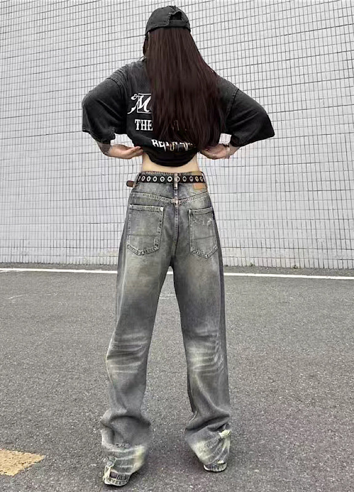【4/26再販】Vintage grunge strike mid-length distressed wide denim pants  HL3144